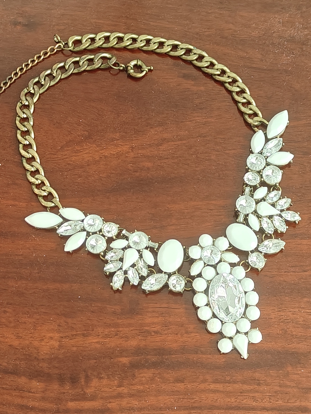 White Crystal Statement Necklace - Gold Chain